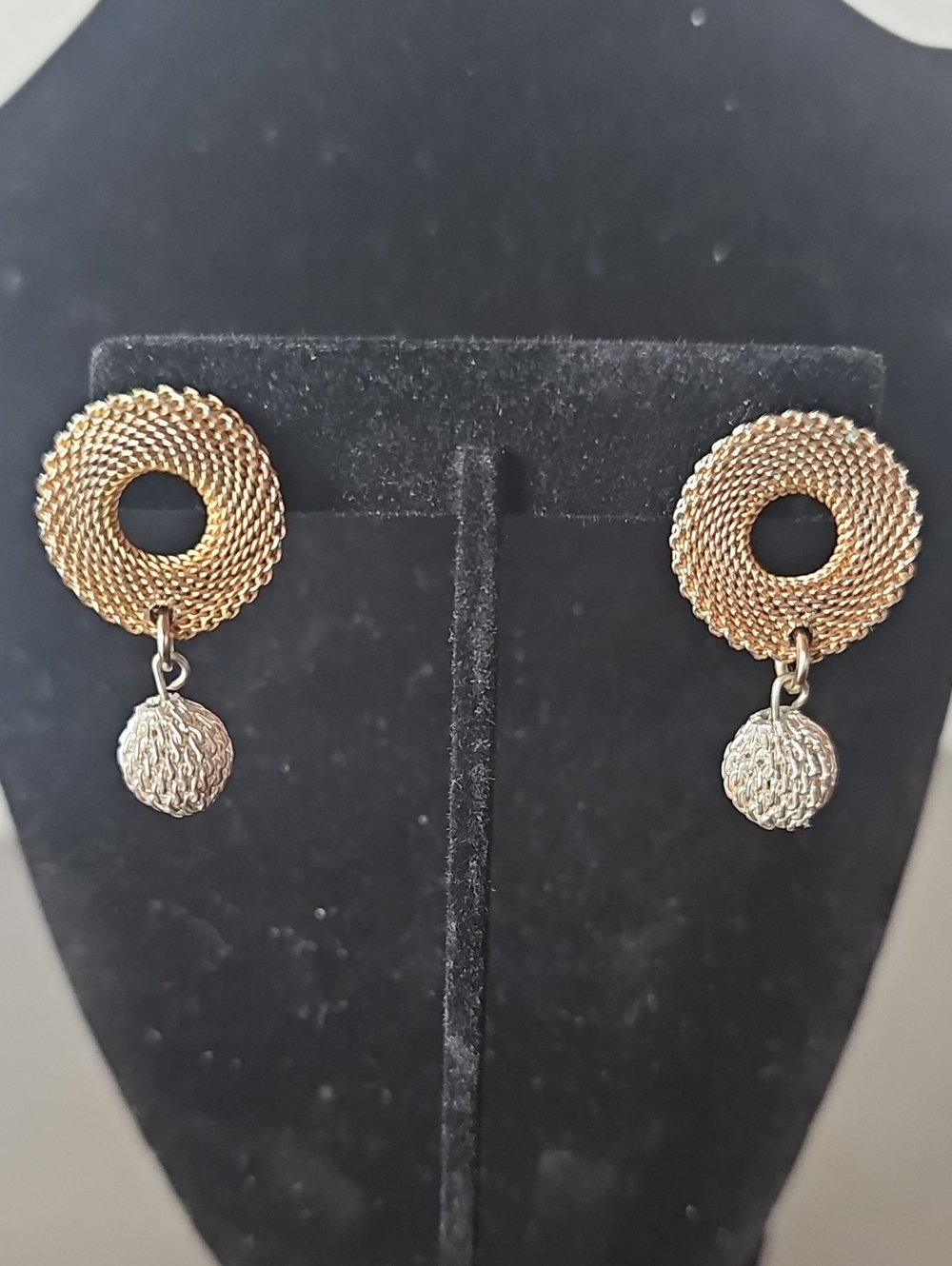 Vintage 1980s Gold + Silver Two Tone Textured Drop Pierced Earrings